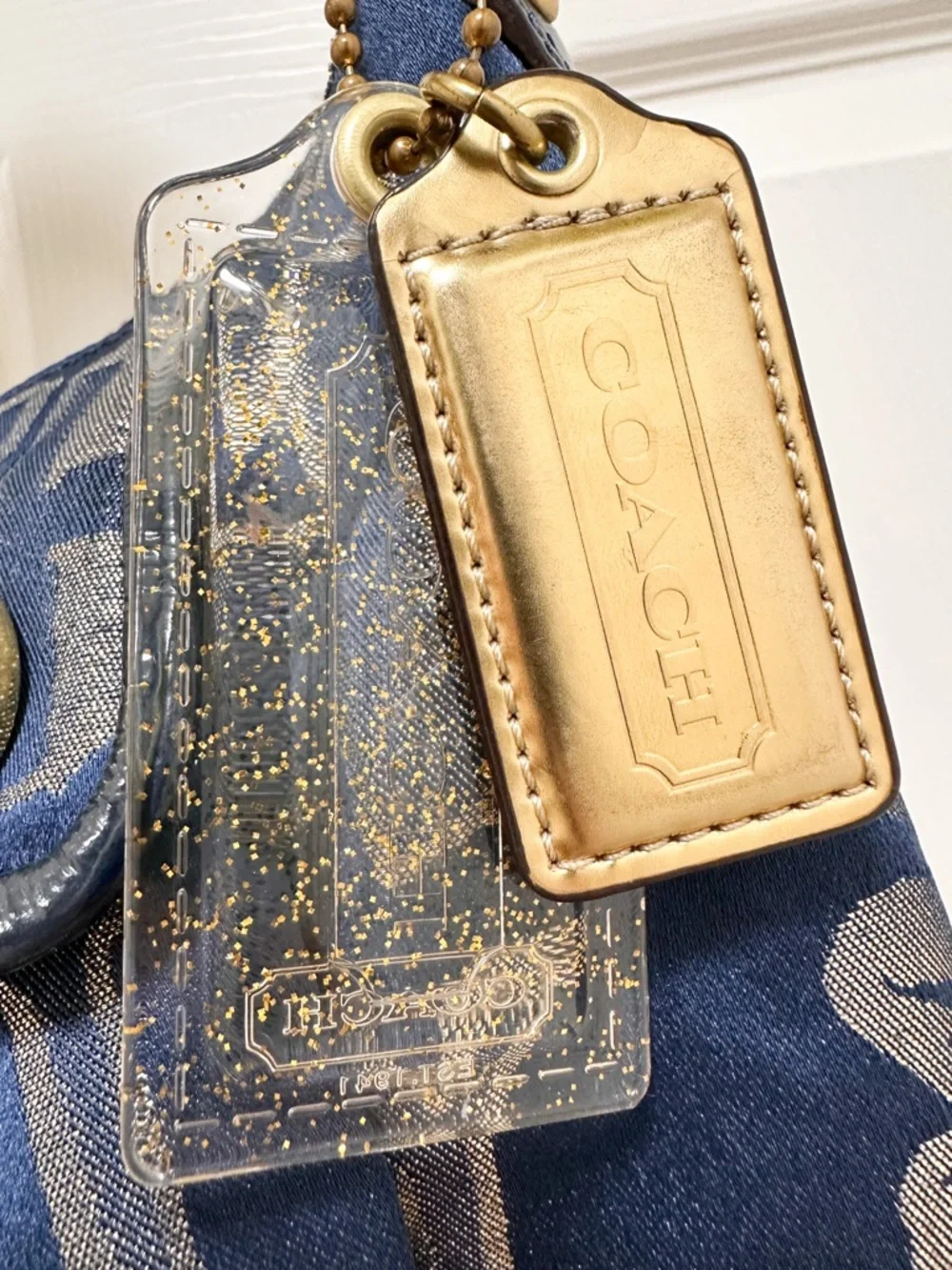 Coach Poppy Story Patch Bag Navy Metallic Gold Graffiti Satin 2Way